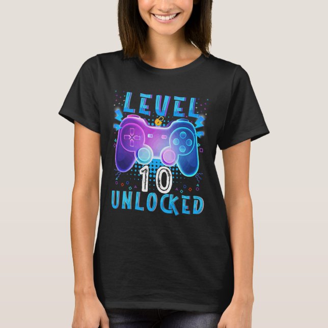 Upplåst videospel på nivå 10 10:e födelsedagsspela t shirt (Framsida)