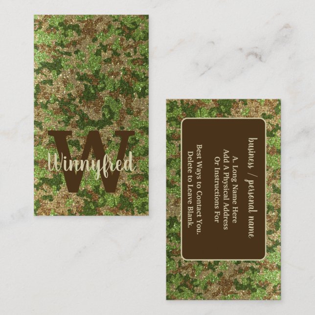 Upplöst Grönt Kamouflage Outdoorsy Monogram Namn Visitkort (Fram/baksida)