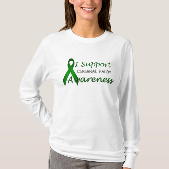 Upplysning om Cerebral Palsy Grönt Ribbon Dam LS T T-shirt (Framsida)