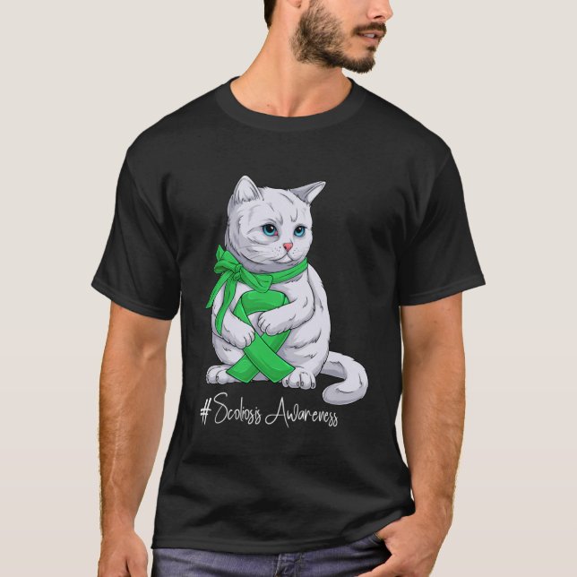 Upplysningsmånad för skolios Grönt Ribbon Cat T Shirt (Framsida)