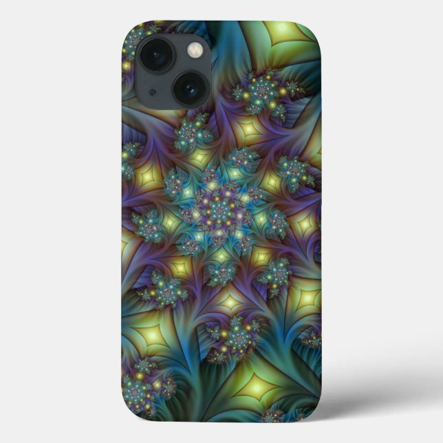 Upplyst Abstrakt Shiny Teal Lila Fractal Art (Baksida)