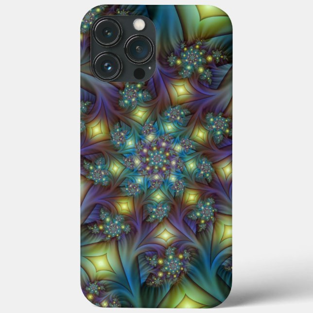 Upplyst Abstrakt Shiny Teal Lila Fractal Art (Baksida)