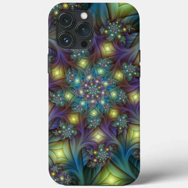 Upplyst Abstrakt Shiny Teal Lila Fractal Art (Baksida)
