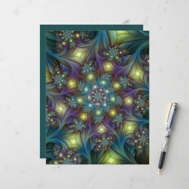 Upplyst Abstrakt Shiny Teal Lila Fractal Art (Fram/Back In Situ)
