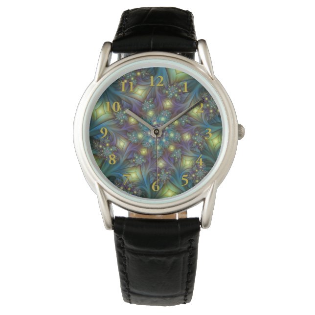 Upplyst Abstrakt Shiny Teal Lila Fractal Art Armbandsur (Framsida)