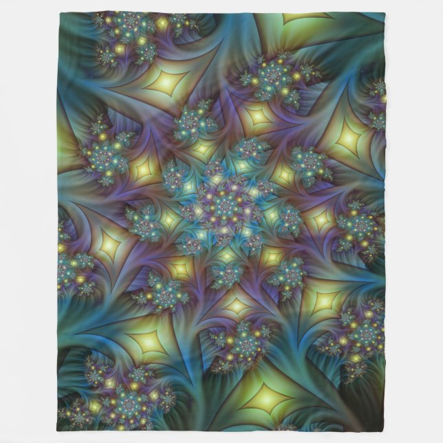 Upplyst Abstrakt Shiny Teal Lila Fractal Art Fleecefilt (Framsidan)