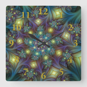 Upplyst Abstrakt Shiny Teal Lila Fractal Art Fyrkantig Klocka