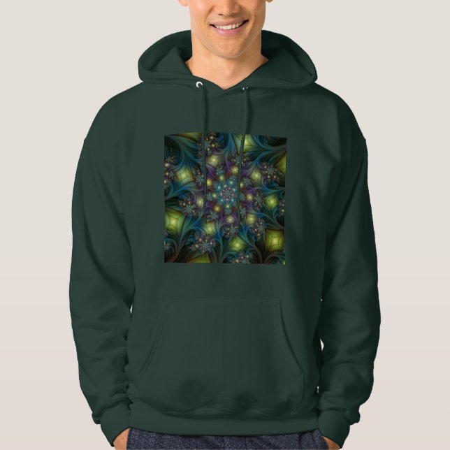Upplyst Abstrakt Shiny Teal Lila Fractal Art Hoodie (Framsida)