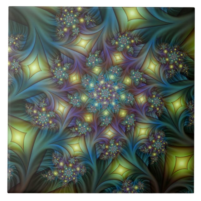 Upplyst Abstrakt Shiny Teal Lila Fractal Art Kakelplatta (Framsidan)