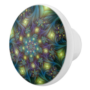 Upplyst Abstrakt Shiny Teal Lila Fractal Art Knopp