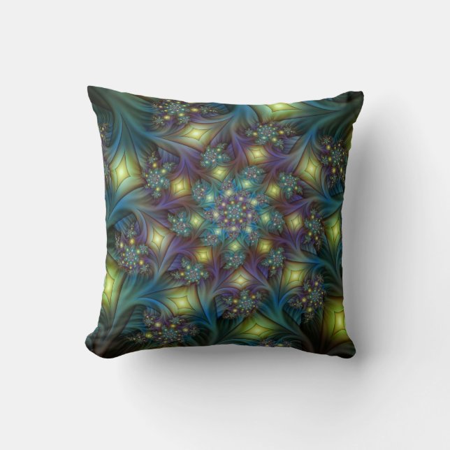 Upplyst Abstrakt Shiny Teal Lila Fractal Art Kudde (Framsida)