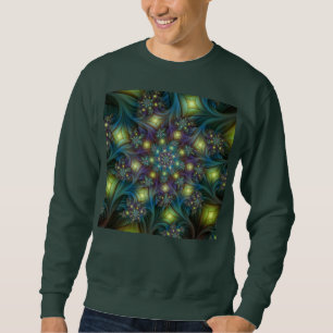 Upplyst Abstrakt Shiny Teal Lila Fractal Art Lång Ärmad Tröja