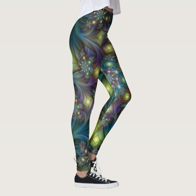 Upplyst Abstrakt Shiny Teal Lila Fractal Art Leggings (Höger)
