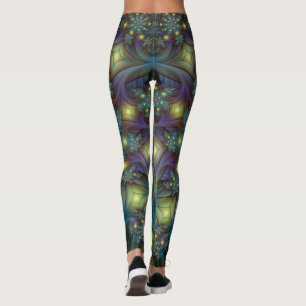 Upplyst Abstrakt Shiny Teal Lila Fractal Art Leggings