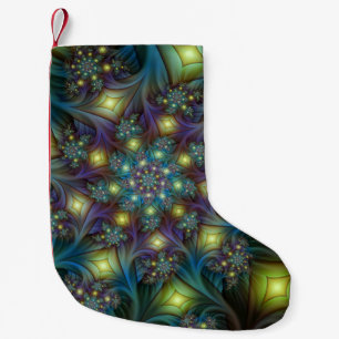 Upplyst Abstrakt Shiny Teal Lila Fractal Art Liten Julstrumpa