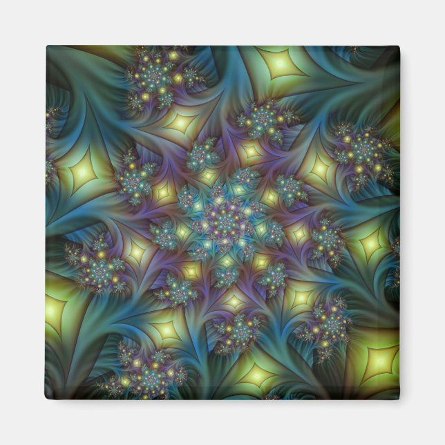 Upplyst Abstrakt Shiny Teal Lila Fractal Art Magnet (Framsidan)