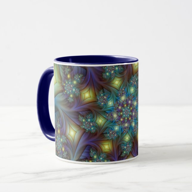 Upplyst Abstrakt Shiny Teal Lila Fractal Art Mugg (Framsida vänster)