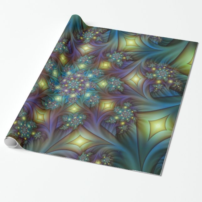 Upplyst Abstrakt Shiny Teal Lila Fractal Art Presentpapper (Utrullad)