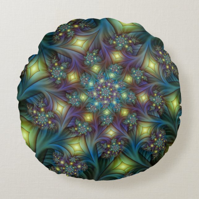 Upplyst Abstrakt Shiny Teal Lila Fractal Art Rund Kudde (Framsidan)