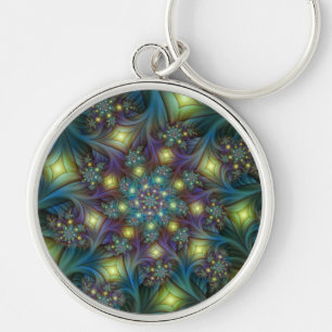 Upplyst Abstrakt Shiny Teal Lila Fractal Art Rund Silverfärgad Nyckelring