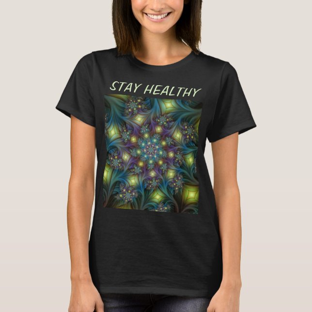 Upplyst Abstrakt Shiny Teal Lila Fractal Art T Shirt (Framsida)
