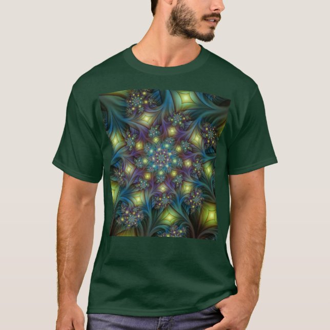 Upplyst Abstrakt Shiny Teal Lila Fractal Art T Shirt (Framsida)