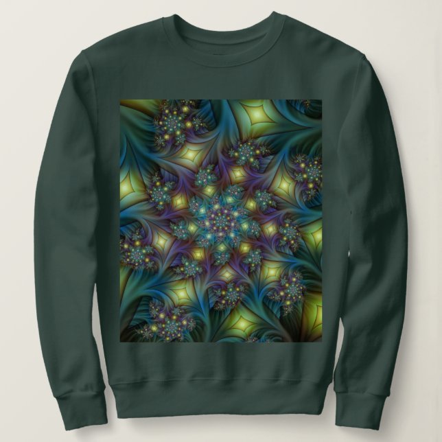 Upplyst Abstrakt Shiny Teal Lila Fractal Art T Shirt (Design framsida)