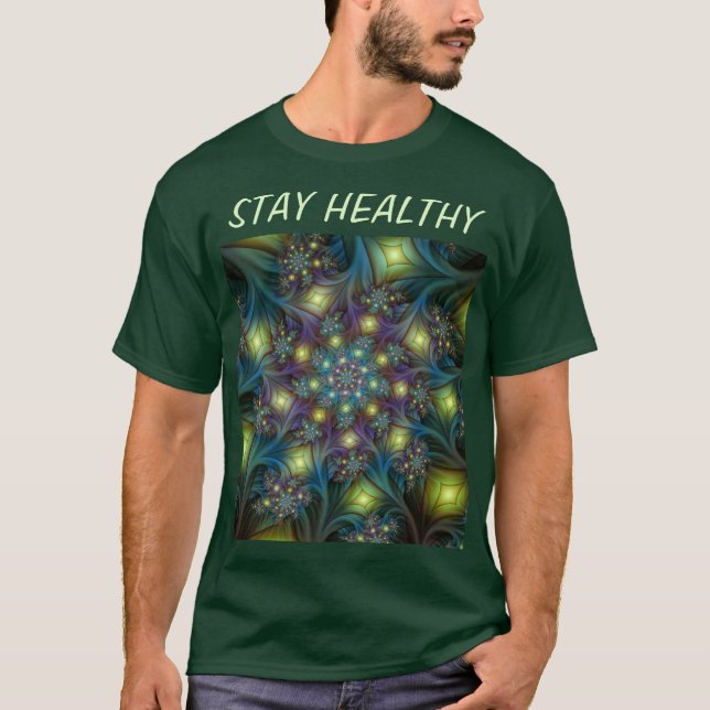Upplyst Abstrakt Shiny Teal Lila Fractal Art T Shirt (Framsida)
