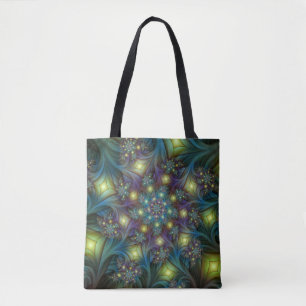 Upplyst Abstrakt Shiny Teal Lila Fractal Art Tygkasse