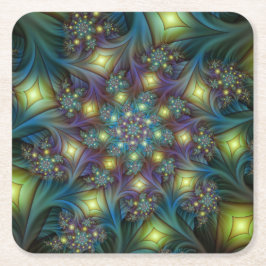 Upplyst Abstrakt Shiny Teal Lila Fractal Art Underlägg Papper Kvadrat
