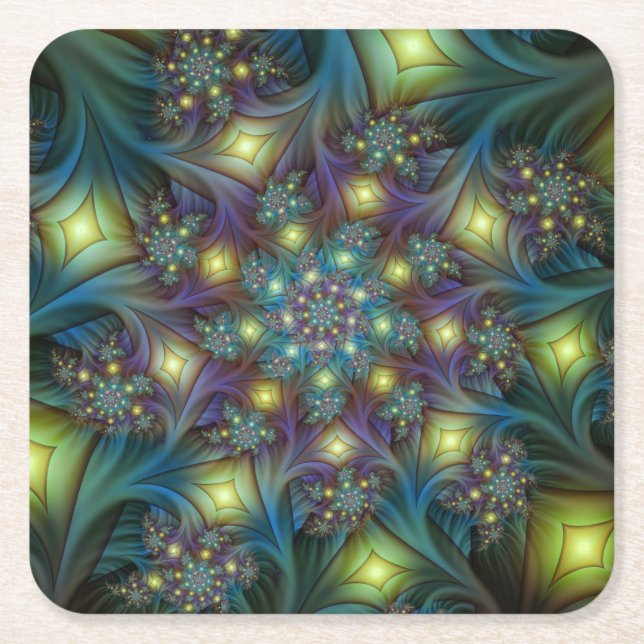 Upplyst Abstrakt Shiny Teal Lila Fractal Art Underlägg Papper Kvadrat (Framsidan)