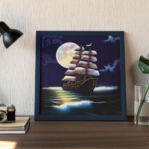 Upplyst fartyg på havet under månen poster
