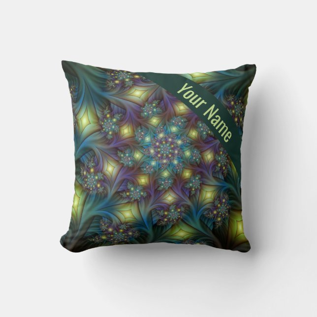 Upplyst modern blå lila Fractal Art Namn Kudde (Framsida)
