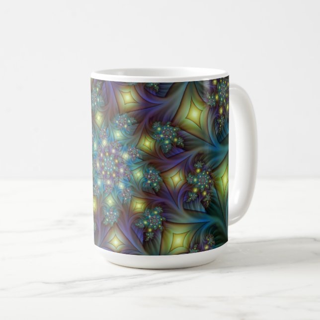 Upplyst modern blå lila Fractal Mönster Kaffemugg (Framsida höger)