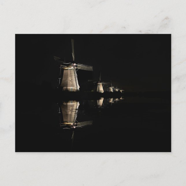 Upplysta vindkraftverk i Kinderdijk-vykort Vykort (Framsida)