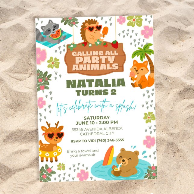 Uppmaning av djur i Bassäng Party Inbjudningar (Woodland Creatures Pool Party Invitation)