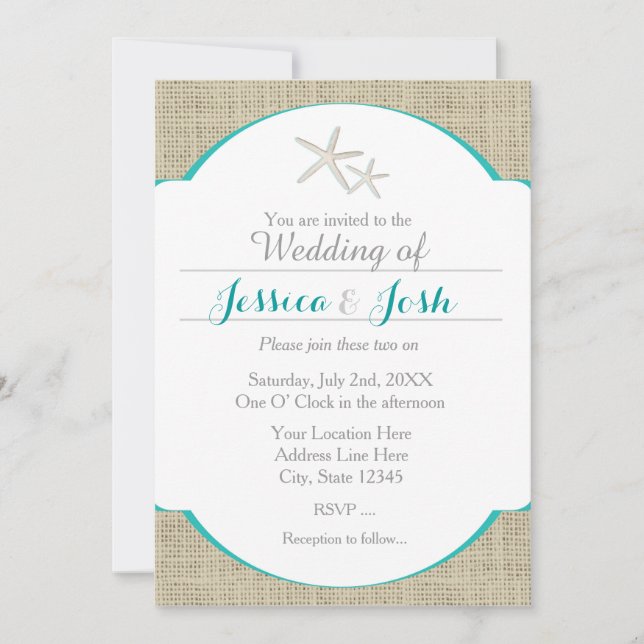 Uppmaning av Teal Turcos Beach Burlap Starfish Inbjudningar (Framsida)