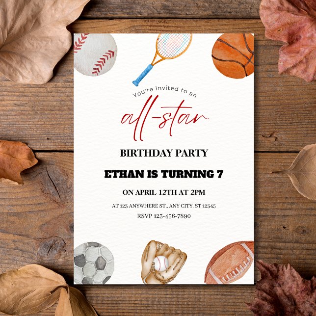 Uppmaning för alla stjärnor i 7:e på födelsedagen inbjudningar (Watercolor All-Star Sports 7th Birthday Invitation
)