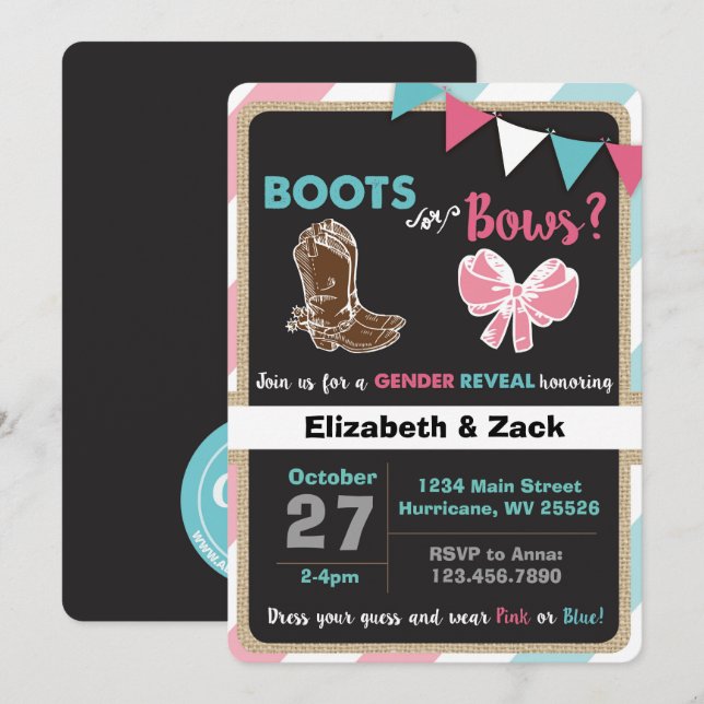 Uppmaning för Boots eller Bows Gender Reveal Inbjudningar (Fram/baksida)