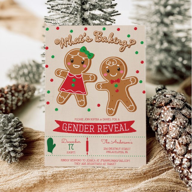 Uppmaning för Gender av guldbröd Inbjudningar (gender reveal, holiday, christmas, gingerbread, christmas cookies, boy or girl, he or she)