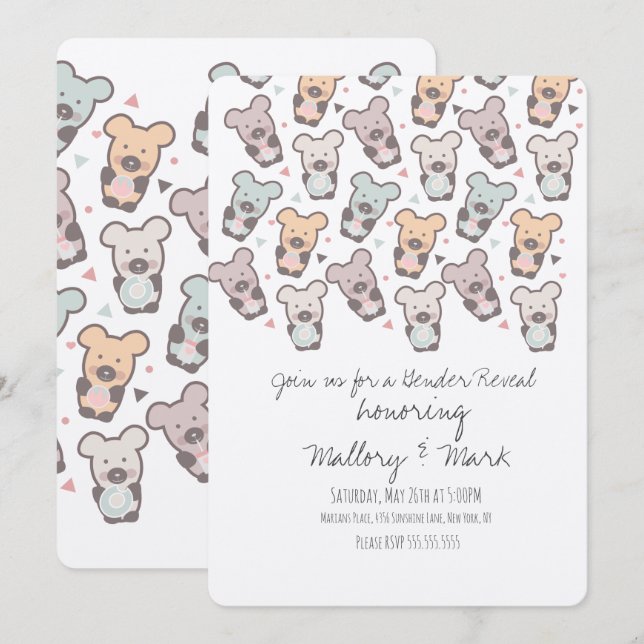 Uppmaning för Visa Gender av Pastel Bears Inbjudningar (Fram/baksida)