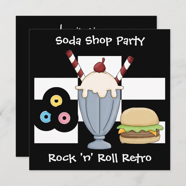 Uppmaning Sten 'n' Roll Retro Soda Shop Party Inbjudningar (Fram/baksida)