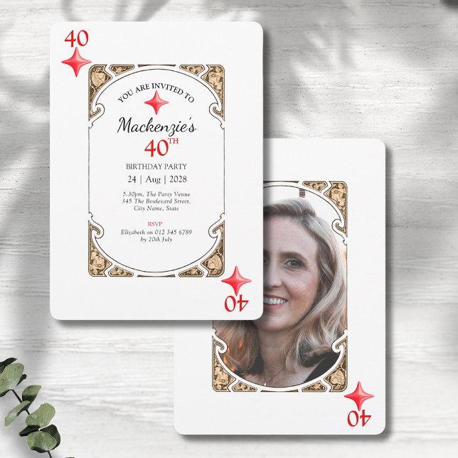 Uppmaning till 40:e födelsedagsdiamantuppspelnings inbjudningar (40th birthday party invitation with an art deco style design on a grey wood background.)