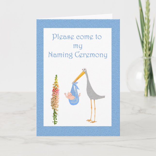 Uppmaning till att namnge Ceremony, stork och baby Inbjudan (Framsida)