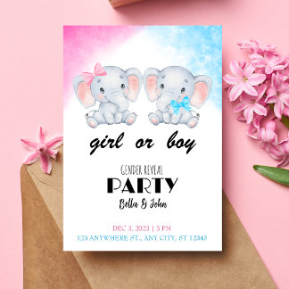 Uppmaning till Baby Elephant Gender Reveal (flicka Inbjudningar