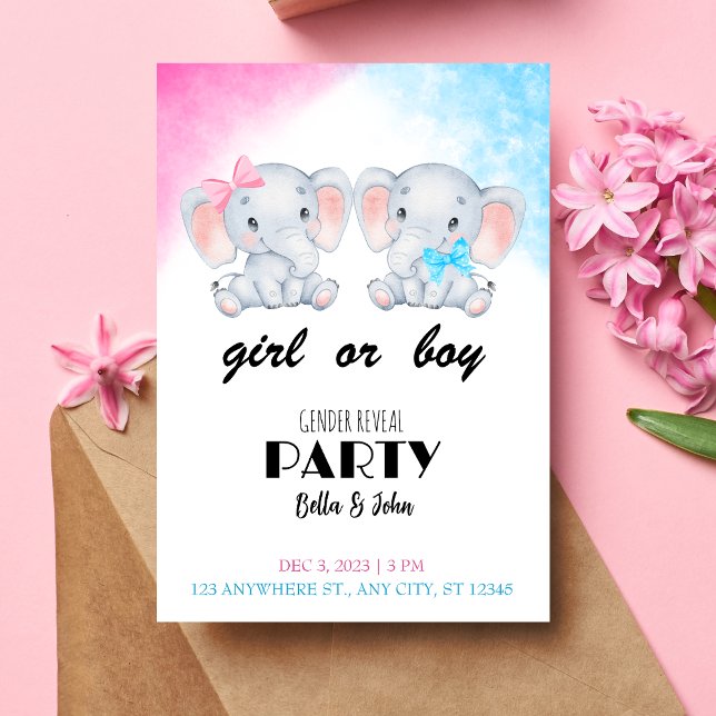 Uppmaning till Baby Elephant Gender Reveal (flicka Inbjudningar (Front)