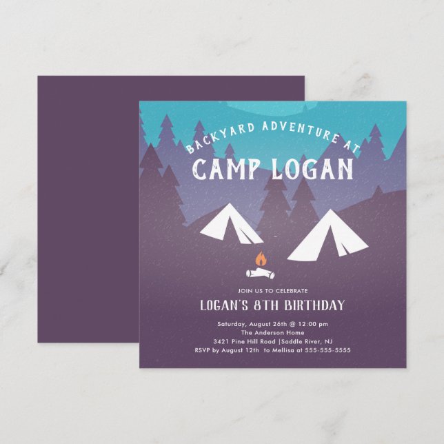 Uppmaning till Backyard Camping Birthday Inbjudningar (Fram/baksida)