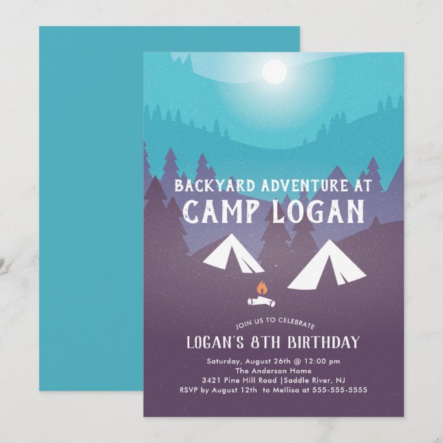 Uppmaning till Backyard Camping Birthday Inbjudningar (Fram/baksida)