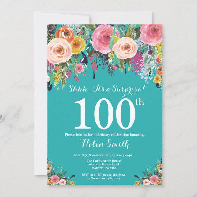 Uppmaning till Blommigt på heltid 100:e födelsedag Inbjudningar (Framsida)
