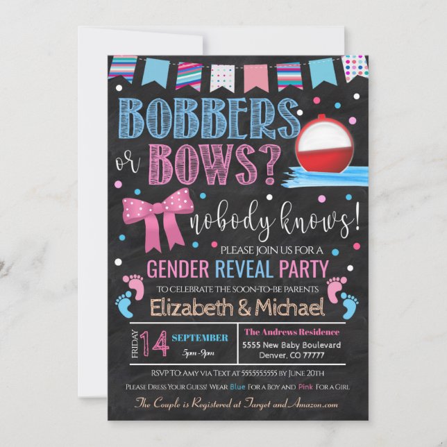 Uppmaning till Bobbers eller Bows Gender Reveal Inbjudningar (Framsida)